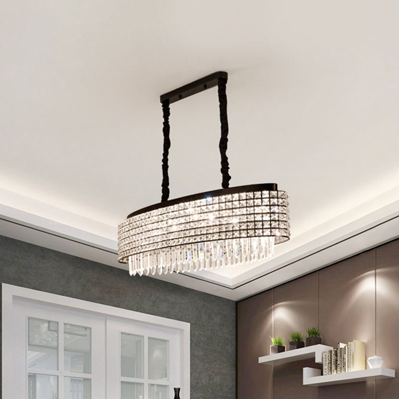 Oblong Crystal Encrusted Pendulum Light Modernist 5-Light Black Finish Island Lamp Fixture Clearhalo 'Ceiling Lights' 'Island Lights' Lighting' 982774