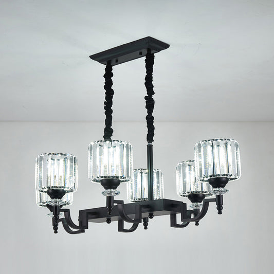 Cylinder Dining Room Island Lighting Rectangle-Cut Crystal 6-Head Modern Ceiling Suspension Lamp in Black Clearhalo 'Ceiling Lights' 'Island Lights' Lighting' 982782