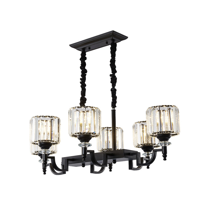 Cylinder Dining Room Island Lighting Rectangle-Cut Crystal 6-Head Modern Ceiling Suspension Lamp in Black Clearhalo 'Ceiling Lights' 'Island Lights' Lighting' 982783
