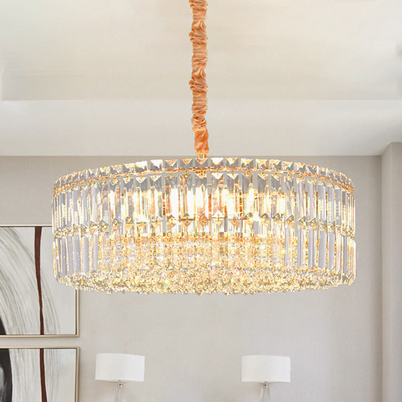 6 Bulbs Chandelier Light Fixture Minimalist Drum Shaped Clear Layered Crystal Hanging Pendant Clear Clearhalo 'Ceiling Lights' 'Chandeliers' 'Clear' 'Industrial' 'Modern Chandeliers' 'Modern' 'Tiffany' 'Traditional Chandeliers' Lighting' 982802