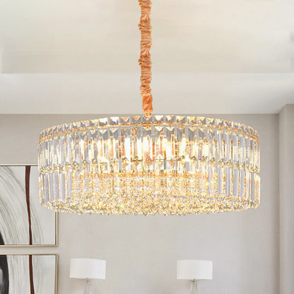 6 Bulbs Chandelier Light Fixture Minimalist Drum Shaped Clear Layered Crystal Hanging Pendant Clear Clearhalo 'Ceiling Lights' 'Chandeliers' 'Clear' 'Industrial' 'Modern Chandeliers' 'Modern' 'Tiffany' 'Traditional Chandeliers' Lighting' 982802