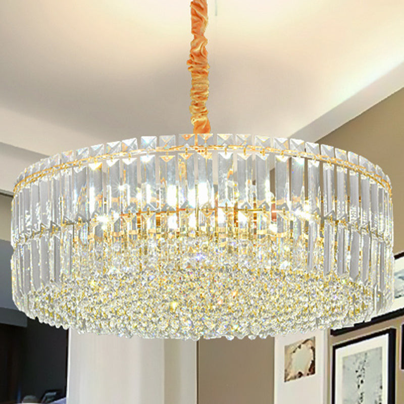 6 Bulbs Chandelier Light Fixture Minimalist Drum Shaped Clear Layered Crystal Hanging Pendant Clearhalo 'Ceiling Lights' 'Chandeliers' 'Clear' 'Industrial' 'Modern Chandeliers' 'Modern' 'Tiffany' 'Traditional Chandeliers' Lighting' 982803