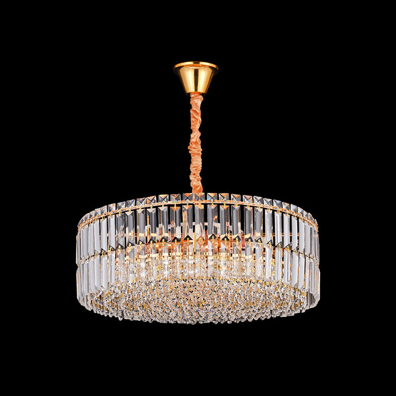 6 Bulbs Chandelier Light Fixture Minimalist Drum Shaped Clear Layered Crystal Hanging Pendant Clearhalo 'Ceiling Lights' 'Chandeliers' 'Clear' 'Industrial' 'Modern Chandeliers' 'Modern' 'Tiffany' 'Traditional Chandeliers' Lighting' 982804