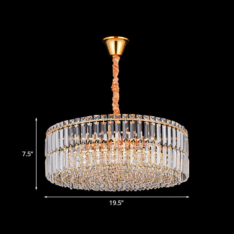 6 Bulbs Chandelier Light Fixture Minimalist Drum Shaped Clear Layered Crystal Hanging Pendant Clearhalo 'Ceiling Lights' 'Chandeliers' 'Clear' 'Industrial' 'Modern Chandeliers' 'Modern' 'Tiffany' 'Traditional Chandeliers' Lighting' 982805
