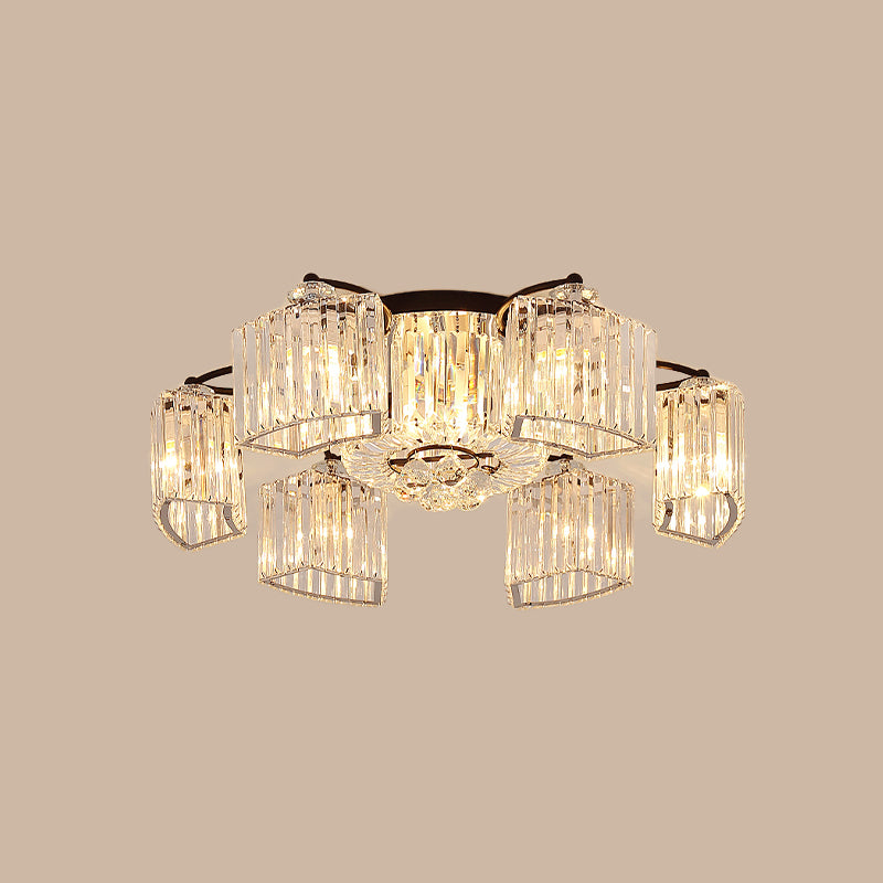 Crystal Prism Clear Semi Flush Chandelier Curved 3/9 Heads Modern Style Flush Ceiling Light Clearhalo 'Ceiling Lights' 'Close To Ceiling Lights' 'Close to ceiling' 'Semi-flushmount' Lighting' 982829