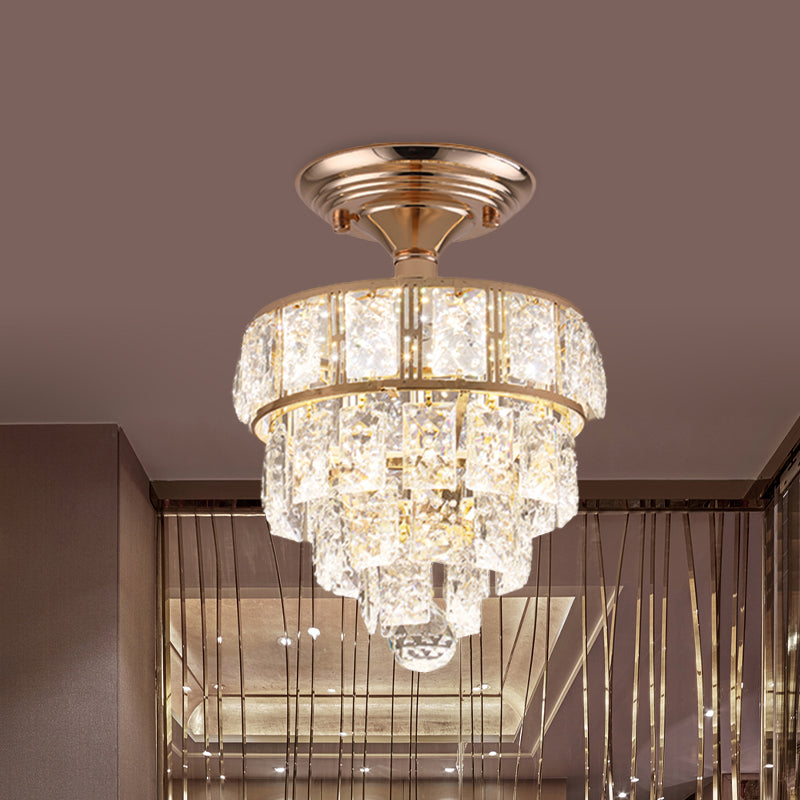 Beveled Crystal Square LED Ceiling Flush Modern Gold 4 Tiers Tapered Hallway Semi Flush Mount Lighting Gold Clearhalo 'Ceiling Lights' 'Close To Ceiling Lights' 'Close to ceiling' 'Semi-flushmount' Lighting' 982856