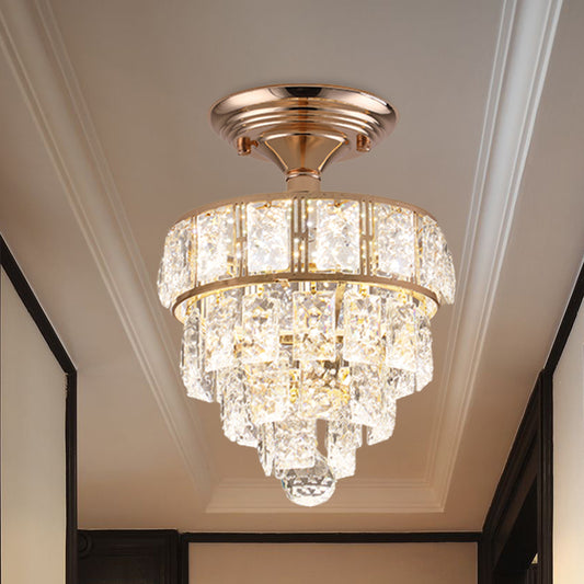 Beveled Crystal Square LED Ceiling Flush Modern Gold 4 Tiers Tapered Hallway Semi Flush Mount Lighting Clearhalo 'Ceiling Lights' 'Close To Ceiling Lights' 'Close to ceiling' 'Semi-flushmount' Lighting' 982857