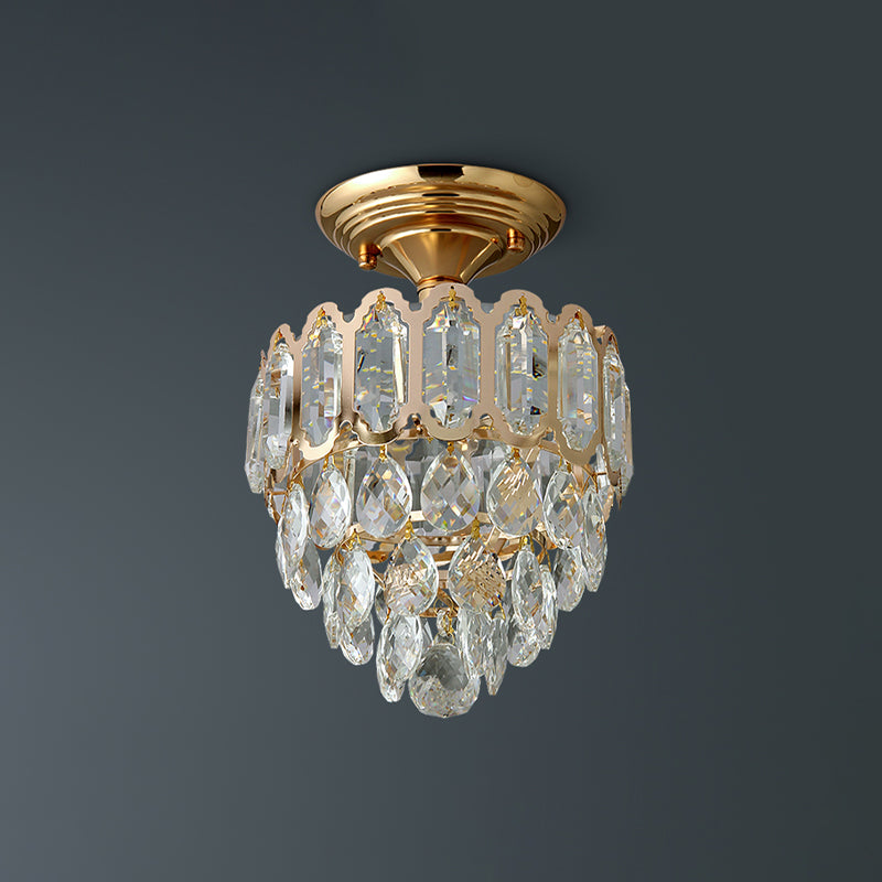 Tapered Shape Foyer Ceiling Lamp Postmodern Crystal Rectangle/Teardrop Gold LED Semi-Flush Mount Clearhalo 'Ceiling Lights' 'Close To Ceiling Lights' 'Close to ceiling' 'Semi-flushmount' Lighting' 982866