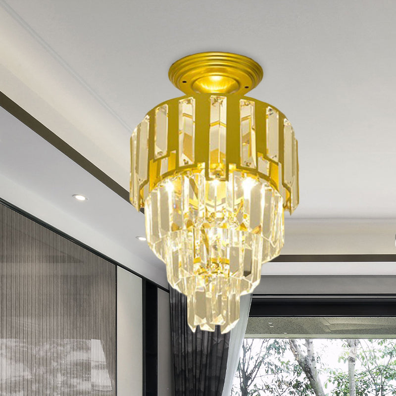 Crystal Rods Gold Flush Mounted Light 4-Tier Taper Single Post-Modern Semi Flush Ceiling Light Fixture Clearhalo 'Ceiling Lights' 'Close To Ceiling Lights' 'Close to ceiling' 'Semi-flushmount' Lighting' 982874