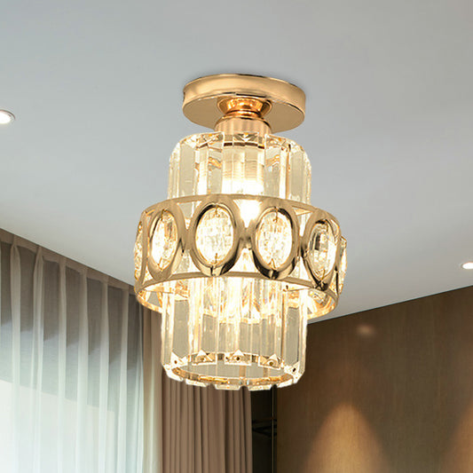Cylinder Prismatic Crystal Flush Light Modern 1 Head Aisle Semi Flush Ceiling Light with Circlet/Leaf Guard in Gold Gold A Clearhalo 'Ceiling Lights' 'Close To Ceiling Lights' 'Close to ceiling' 'Semi-flushmount' Lighting' 982881