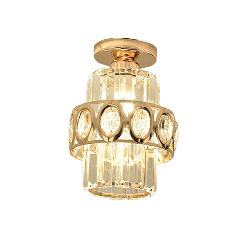 Cylinder Prismatic Crystal Flush Light Modern 1 Head Aisle Semi Flush Ceiling Light with Circlet/Leaf Guard in Gold Clearhalo 'Ceiling Lights' 'Close To Ceiling Lights' 'Close to ceiling' 'Semi-flushmount' Lighting' 982882