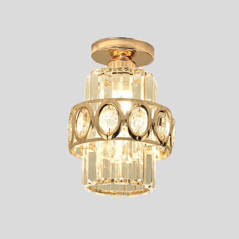 Cylinder Prismatic Crystal Flush Light Modern 1 Head Aisle Semi Flush Ceiling Light with Circlet/Leaf Guard in Gold Clearhalo 'Ceiling Lights' 'Close To Ceiling Lights' 'Close to ceiling' 'Semi-flushmount' Lighting' 982883