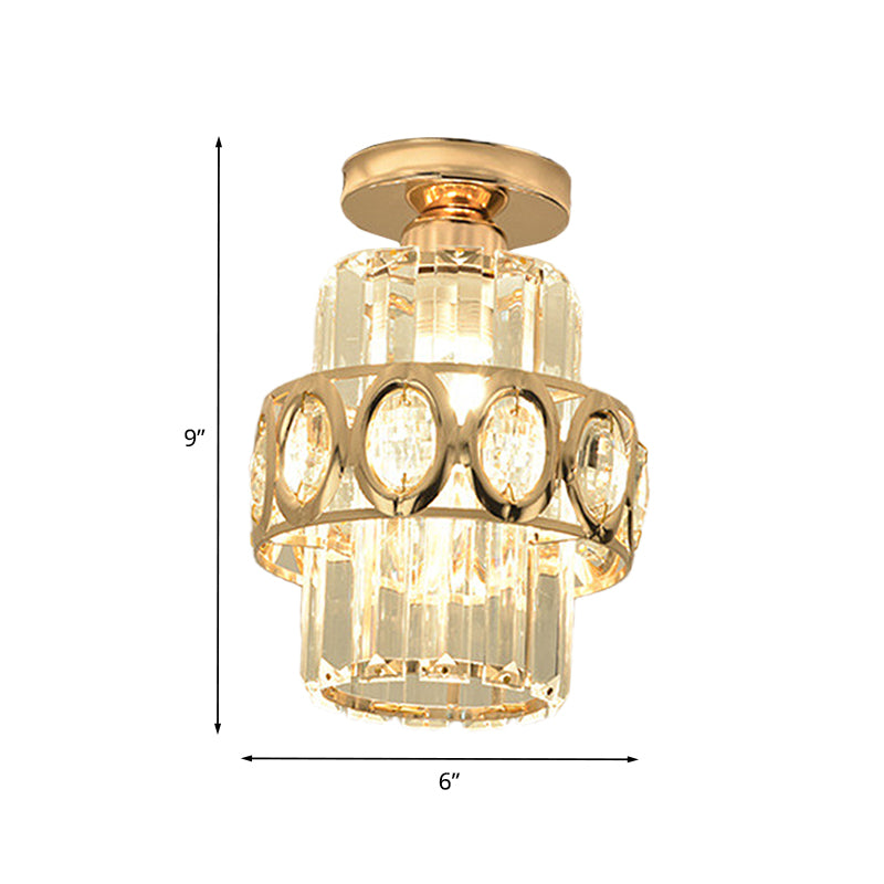 Cylinder Prismatic Crystal Flush Light Modern 1 Head Aisle Semi Flush Ceiling Light with Circlet/Leaf Guard in Gold Clearhalo 'Ceiling Lights' 'Close To Ceiling Lights' 'Close to ceiling' 'Semi-flushmount' Lighting' 982884