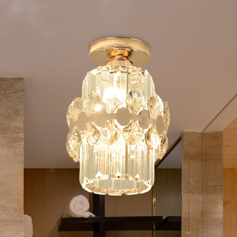 Cylinder Prismatic Crystal Flush Light Modern 1 Head Aisle Semi Flush Ceiling Light with Circlet/Leaf Guard in Gold Gold B Clearhalo 'Ceiling Lights' 'Close To Ceiling Lights' 'Close to ceiling' 'Semi-flushmount' Lighting' 982885