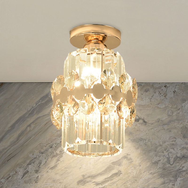 Cylinder Prismatic Crystal Flush Light Modern 1 Head Aisle Semi Flush Ceiling Light with Circlet/Leaf Guard in Gold Clearhalo 'Ceiling Lights' 'Close To Ceiling Lights' 'Close to ceiling' 'Semi-flushmount' Lighting' 982886