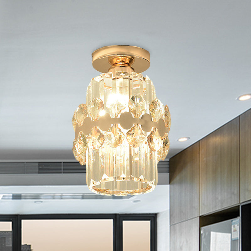 Cylinder Prismatic Crystal Flush Light Modern 1 Head Aisle Semi Flush Ceiling Light with Circlet/Leaf Guard in Gold Clearhalo 'Ceiling Lights' 'Close To Ceiling Lights' 'Close to ceiling' 'Semi-flushmount' Lighting' 982887