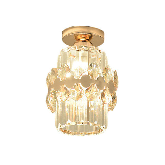 Cylinder Prismatic Crystal Flush Light Modern 1 Head Aisle Semi Flush Ceiling Light with Circlet/Leaf Guard in Gold Clearhalo 'Ceiling Lights' 'Close To Ceiling Lights' 'Close to ceiling' 'Semi-flushmount' Lighting' 982888