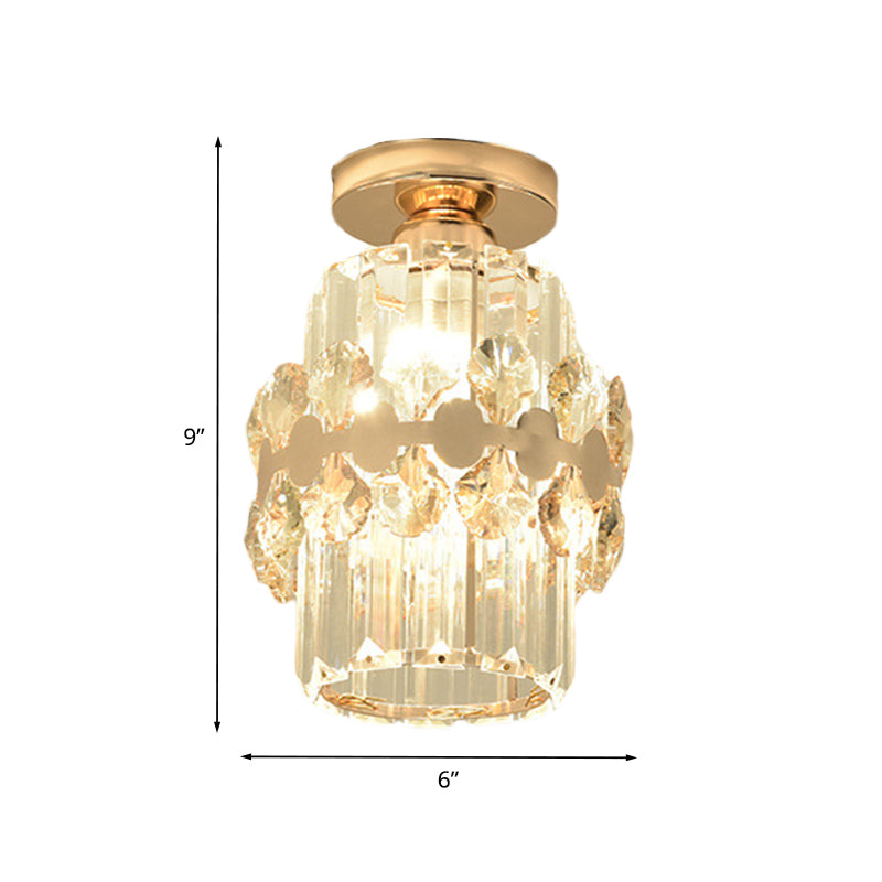 Cylinder Prismatic Crystal Flush Light Modern 1 Head Aisle Semi Flush Ceiling Light with Circlet/Leaf Guard in Gold Clearhalo 'Ceiling Lights' 'Close To Ceiling Lights' 'Close to ceiling' 'Semi-flushmount' Lighting' 982889