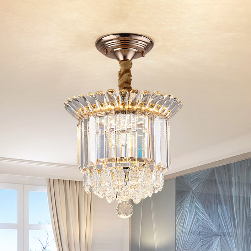 Clear Crystal LED Semi Flush Mount Simplicity Gold Cylindrical Gallery Close to Ceiling Light with Drops Clear Clearhalo 'Ceiling Lights' 'Close To Ceiling Lights' 'Close to ceiling' 'Semi-flushmount' Lighting' 982898