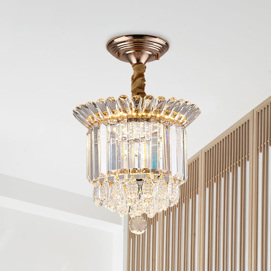 Clear Crystal LED Semi Flush Mount Simplicity Gold Cylindrical Gallery Close to Ceiling Light with Drops Clearhalo 'Ceiling Lights' 'Close To Ceiling Lights' 'Close to ceiling' 'Semi-flushmount' Lighting' 982899