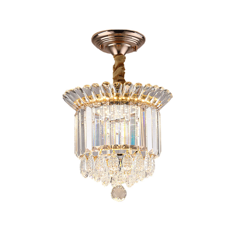 Clear Crystal LED Semi Flush Mount Simplicity Gold Cylindrical Gallery Close to Ceiling Light with Drops Clearhalo 'Ceiling Lights' 'Close To Ceiling Lights' 'Close to ceiling' 'Semi-flushmount' Lighting' 982900