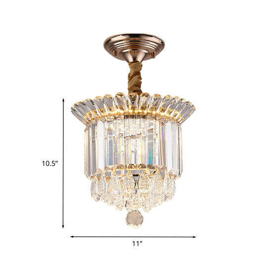 Clear Crystal LED Semi Flush Mount Simplicity Gold Cylindrical Gallery Close to Ceiling Light with Drops Clearhalo 'Ceiling Lights' 'Close To Ceiling Lights' 'Close to ceiling' 'Semi-flushmount' Lighting' 982901