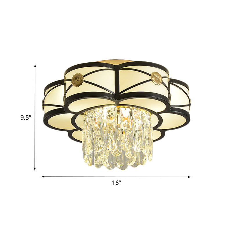 Iron Black Flushmount Light Flower Shaped 4 Heads Modern Ceiling Lamp with Crystal Rod Drop