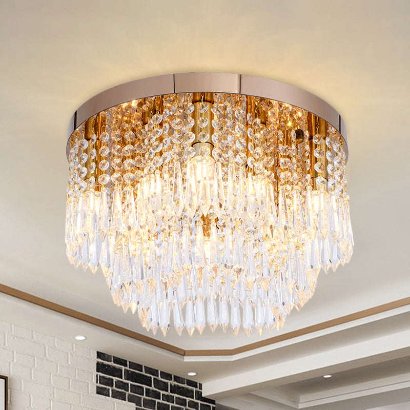 Layered Crystal Fringe Floral Flushmount Contemporary 10 Bulbs Dining Room Ceiling Mount Light in Gold - Gold - Clearhalo - 'Ceiling Lights' - 'Close To Ceiling Lights' - 'Close to ceiling' - 'Flush mount' - Lighting' - 982934