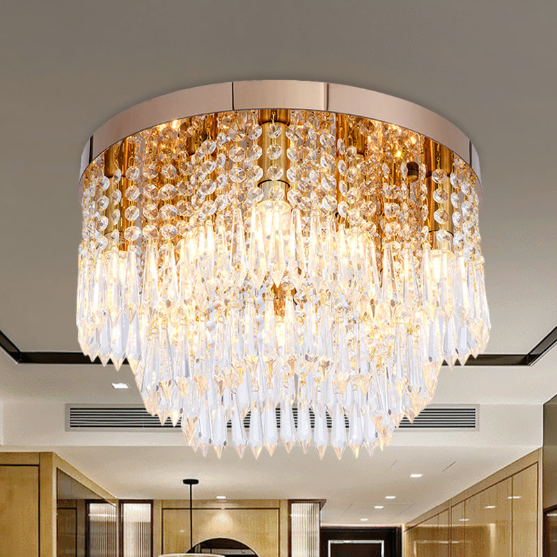 Layered Crystal Fringe Floral Flushmount Contemporary 10 Bulbs Dining Room Ceiling Mount Light in Gold - Clearhalo - 'Ceiling Lights' - 'Close To Ceiling Lights' - 'Close to ceiling' - 'Flush mount' - Lighting' - 982935