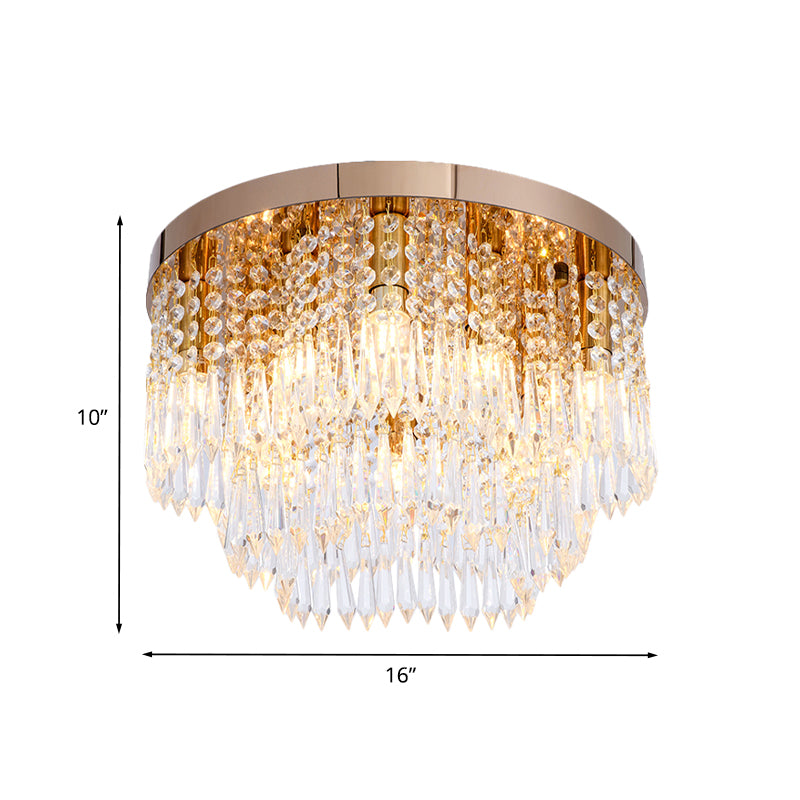 Layered Crystal Fringe Floral Flushmount Contemporary 10 Bulbs Dining Room Ceiling Mount Light in Gold - Clearhalo - 'Ceiling Lights' - 'Close To Ceiling Lights' - 'Close to ceiling' - 'Flush mount' - Lighting' - 982937