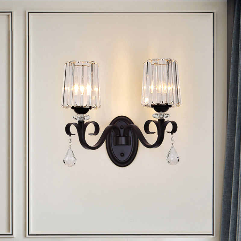 1/2-Light Clear Prismatic Crystal Sconce Modern Black Cylinder Living Room Wall Mount Lamp 2.0 Black Clearhalo 'Modern wall lights' 'Modern' 'Wall Lamps & Sconces' 'Wall Lights' Lighting' 982942
