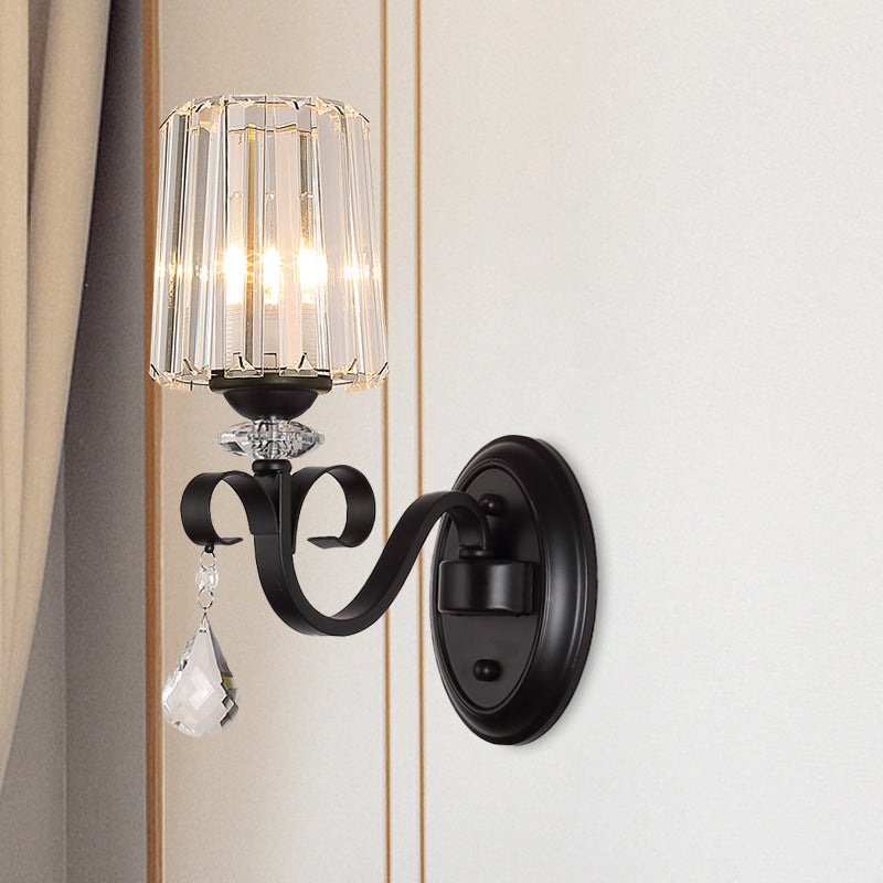 1/2-Light Clear Prismatic Crystal Sconce Modern Black Cylinder Living Room Wall Mount Lamp Clearhalo 'Modern wall lights' 'Modern' 'Wall Lamps & Sconces' 'Wall Lights' Lighting' 982948