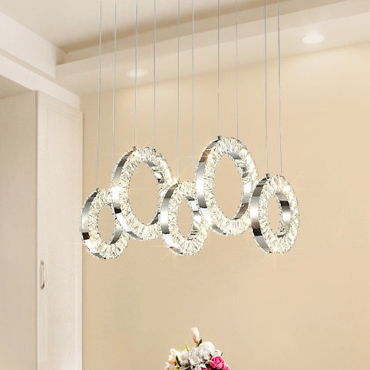 Nickel 5 Lights Multi Pendant Contemporary Crystal-Encrusted Circles Hanging Lamp over Table Clearhalo 'Ceiling Lights' 'Modern Pendants' 'Modern' 'Pendant Lights' 'Pendants' Lighting' 982990