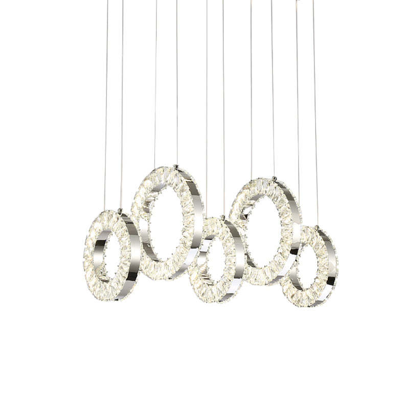 Nickel 5 Lights Multi Pendant Contemporary Crystal-Encrusted Circles Hanging Lamp over Table Clearhalo 'Ceiling Lights' 'Modern Pendants' 'Modern' 'Pendant Lights' 'Pendants' Lighting' 982991
