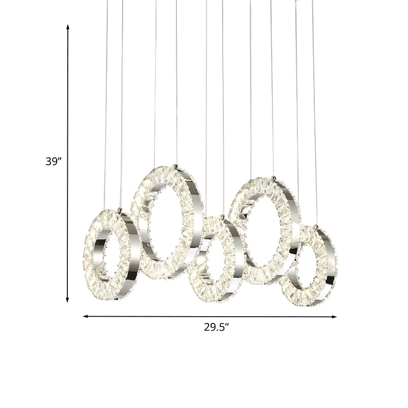 Nickel 5 Lights Multi Pendant Contemporary Crystal-Encrusted Circles Hanging Lamp over Table Clearhalo 'Ceiling Lights' 'Modern Pendants' 'Modern' 'Pendant Lights' 'Pendants' Lighting' 982992
