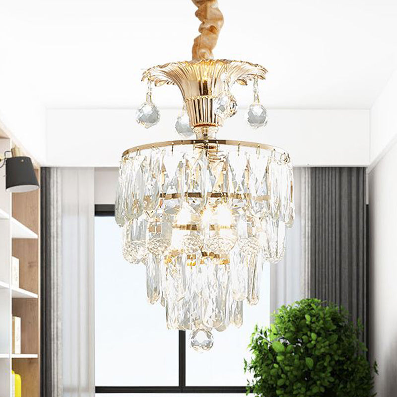 1-Light Clear Crystal Down Lighting Modern Gold Tapered/Layered Dining Table Pendant Lamp Clearhalo 'Ceiling Lights' 'Pendant Lights' 'Pendants' Lighting' 983015