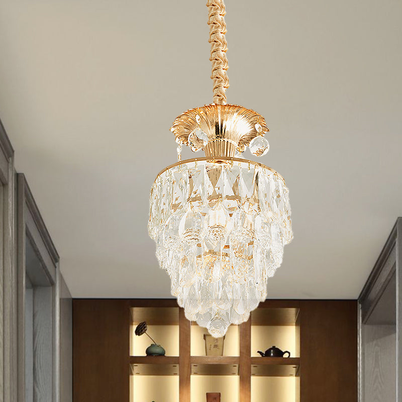 1-Light Clear Crystal Down Lighting Modern Gold Tapered/Layered Dining Table Pendant Lamp Clearhalo 'Ceiling Lights' 'Pendant Lights' 'Pendants' Lighting' 983016