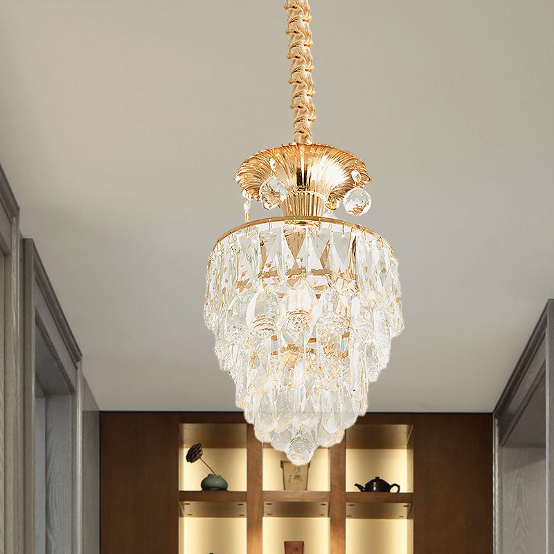 1-Light Clear Crystal Down Lighting Modern Gold Tapered/Layered Dining Table Pendant Lamp Clearhalo 'Ceiling Lights' 'Pendant Lights' 'Pendants' Lighting' 983016