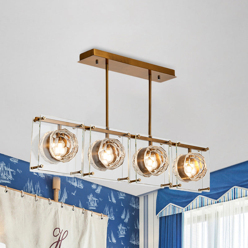 Rectangular Kitchen Island Light Postmodern Clear Crystal 3/4 Heads Gold Hanging Lamp Kit 4 Gold Clearhalo 'Ceiling Lights' 'Island Lights' Lighting' 983050