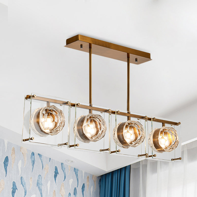 Rectangular Kitchen Island Light Postmodern Clear Crystal 3/4 Heads Gold Hanging Lamp Kit Clearhalo 'Ceiling Lights' 'Island Lights' Lighting' 983051