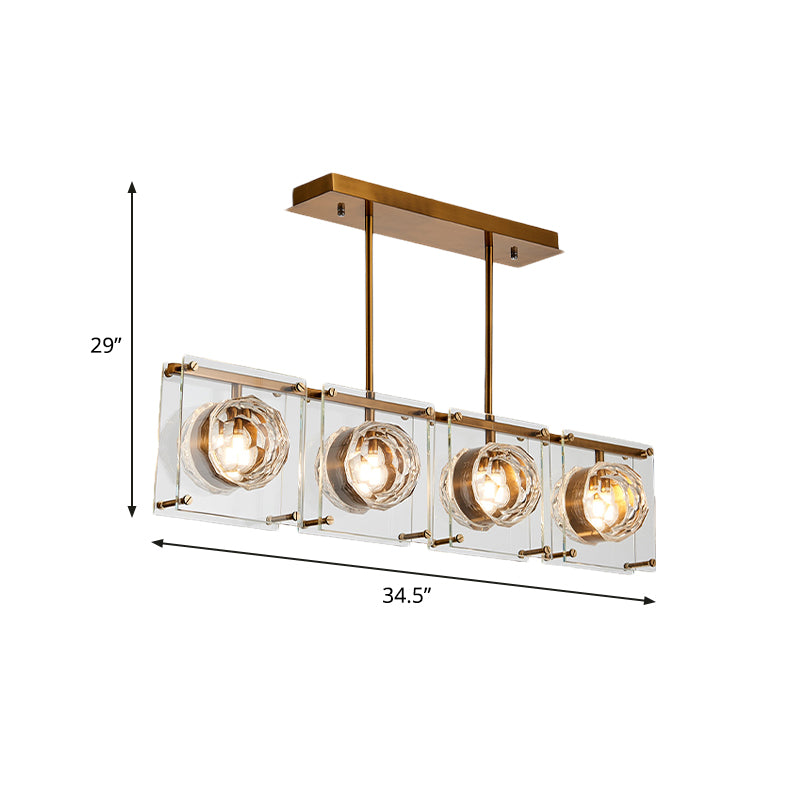 Rectangular Kitchen Island Light Postmodern Clear Crystal 3/4 Heads Gold Hanging Lamp Kit Clearhalo 'Ceiling Lights' 'Island Lights' Lighting' 983053