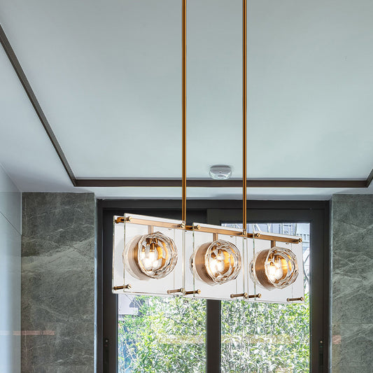 Rectangular Kitchen Island Light Postmodern Clear Crystal 3/4 Heads Gold Hanging Lamp Kit 3 Gold Clearhalo 'Ceiling Lights' 'Island Lights' Lighting' 983054