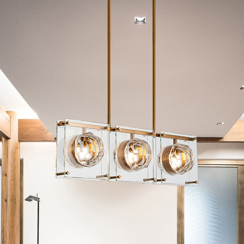 Rectangular Kitchen Island Light Postmodern Clear Crystal 3/4 Heads Gold Hanging Lamp Kit Clearhalo 'Ceiling Lights' 'Island Lights' Lighting' 983055