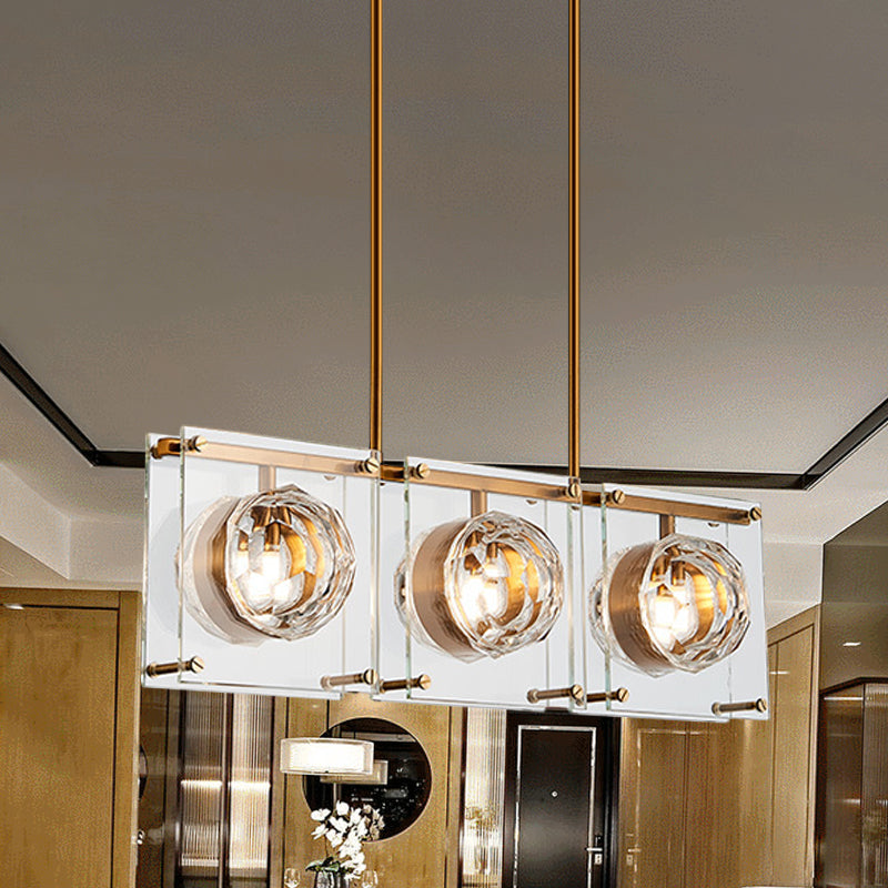Rectangular Kitchen Island Light Postmodern Clear Crystal 3/4 Heads Gold Hanging Lamp Kit Clearhalo 'Ceiling Lights' 'Island Lights' Lighting' 983056