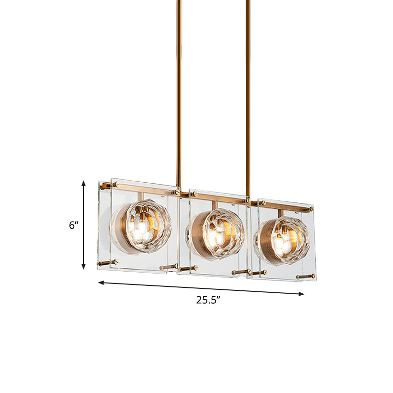 Rectangular Kitchen Island Light Postmodern Clear Crystal 3/4 Heads Gold Hanging Lamp Kit Clearhalo 'Ceiling Lights' 'Island Lights' Lighting' 983058