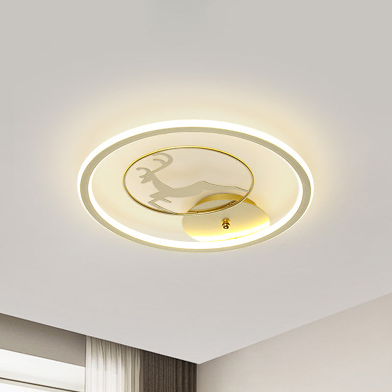 Gold Round Flush Light Contemporary LED Metal Ceiling Mount Fixture with Elk Pattern, 12"/16"/20" W
