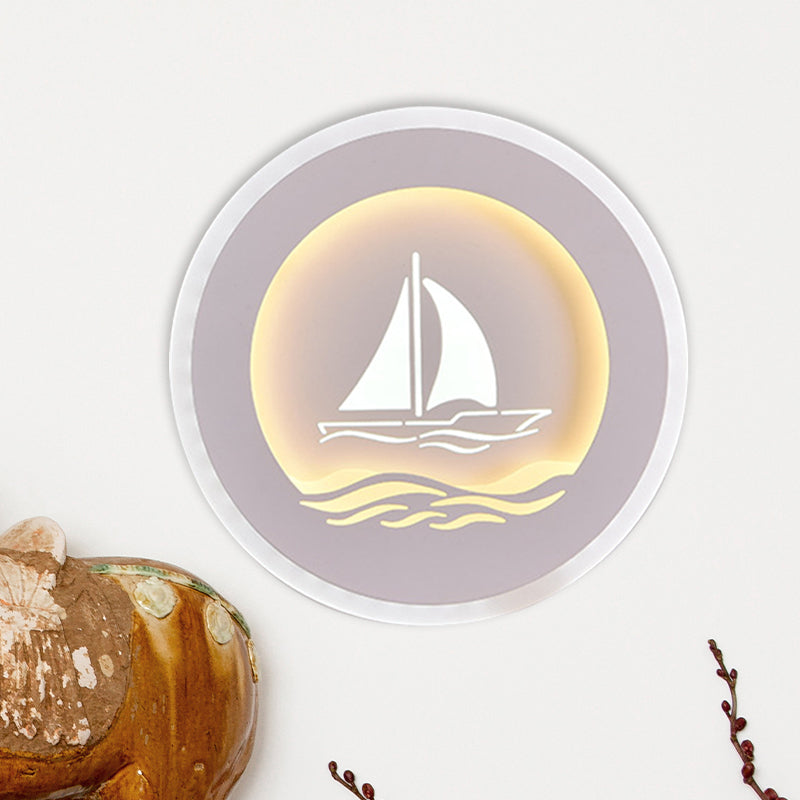 Simplicity Circle Sconce Light with Sailboat/Tree Pattern Acrylic Study Room LED Wall Lighting Fixture in White Clearhalo 'Cast Iron' 'Glass' 'Industrial' 'Modern wall lights' 'Modern' 'Tiffany' 'Traditional wall lights' 'Wall Lamps & Sconces' 'Wall Lights' Lighting' 983246
