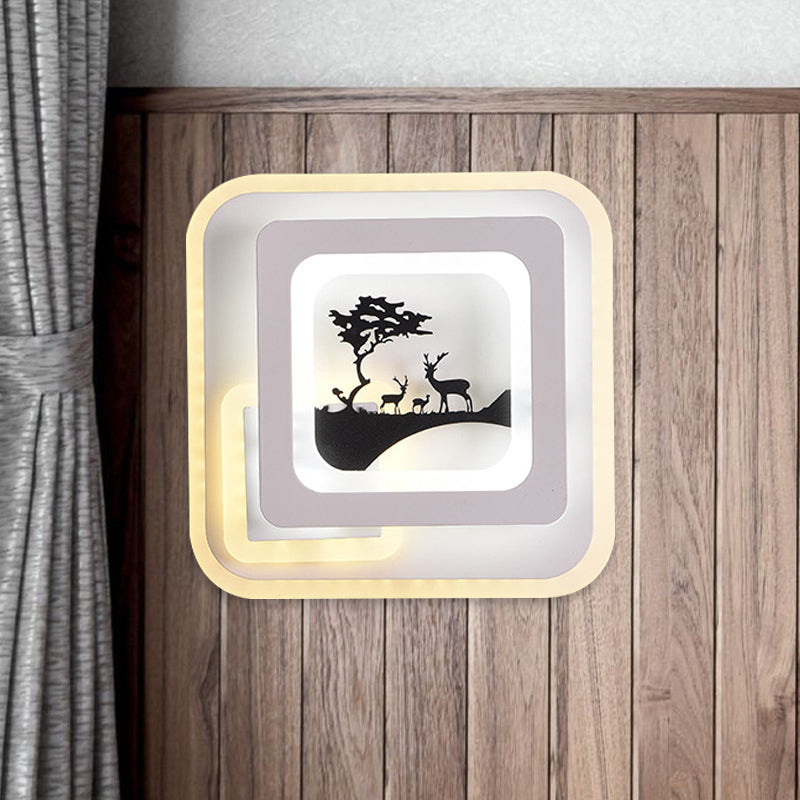 Acrylic Square Sconce Light Fixture Simplicity LED White Wall Lamp with Deer/Feather Pattern for Living Room White Deer Clearhalo 'Cast Iron' 'Glass' 'Industrial' 'Modern wall lights' 'Modern' 'Tiffany' 'Traditional wall lights' 'Wall Lamps & Sconces' 'Wall Lights' Lighting' 983258