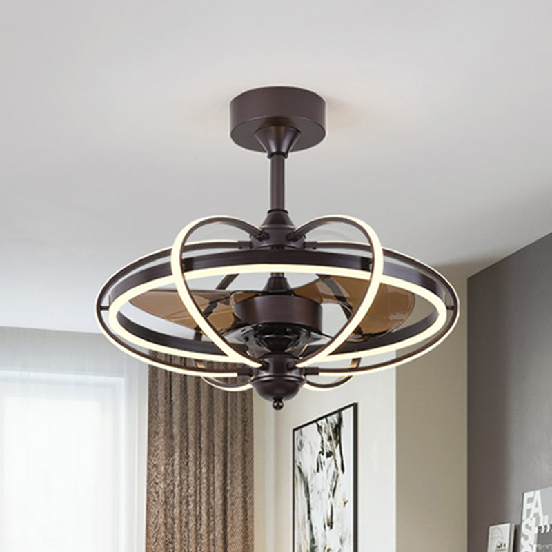 Silver/White/Gold Oval Cage Semi Flush Mount Simplicity LED Silicone Hanging Fan Light with 3 Brown Blades, 19.5" H Coffee Clearhalo 'Ceiling Fans with Lights' 'Ceiling Fans' 'Modern Ceiling Fans' 'Modern' Lighting' 983305