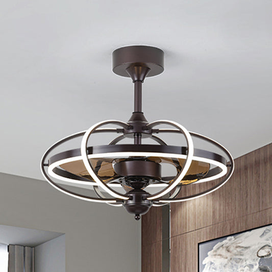Silver/White/Gold Oval Cage Semi Flush Mount Simplicity LED Silicone Hanging Fan Light with 3 Brown Blades, 19.5" H Clearhalo 'Ceiling Fans with Lights' 'Ceiling Fans' 'Modern Ceiling Fans' 'Modern' Lighting' 983306